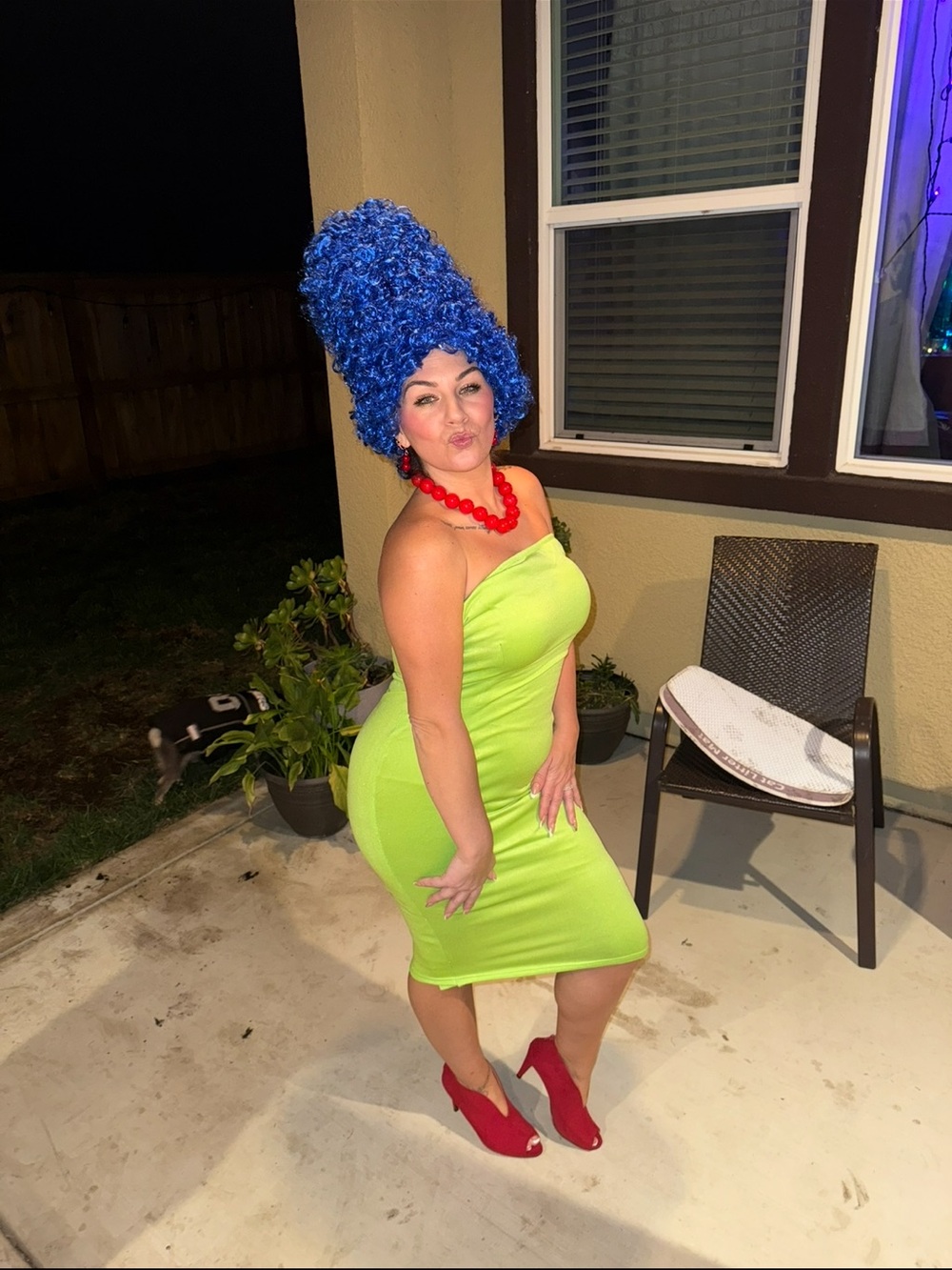 Bright Lime Strapless Bodycon Dress with Red necklace  - Marge Simpson costume